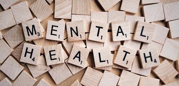 the words "mental health" are spelled on wooden block pieces
