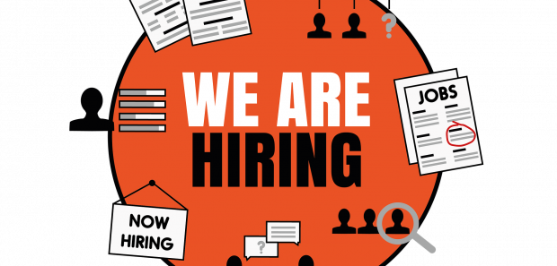 "we are hiring" in an orange circle with images of cv, job offers, interviews...