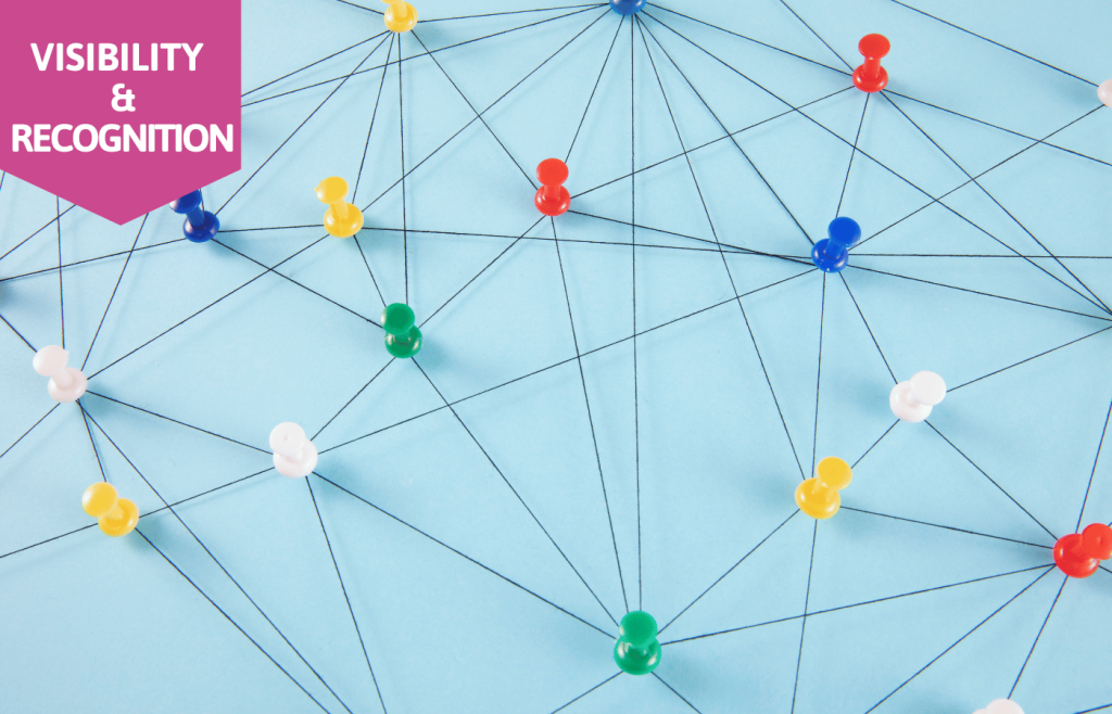 Blue background. network of mutli coloured pins linked by a black thread.